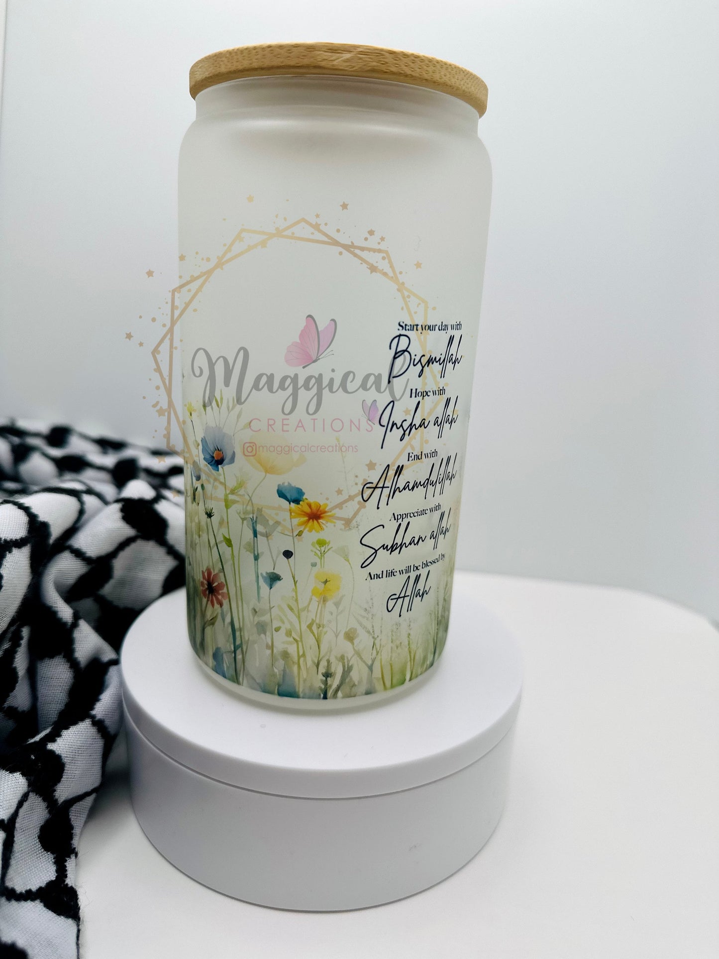 Ramadan Glass Cup With Bamboo Lids and Straws, Personalized Iced Coffee Cups, Office Coffee Cup