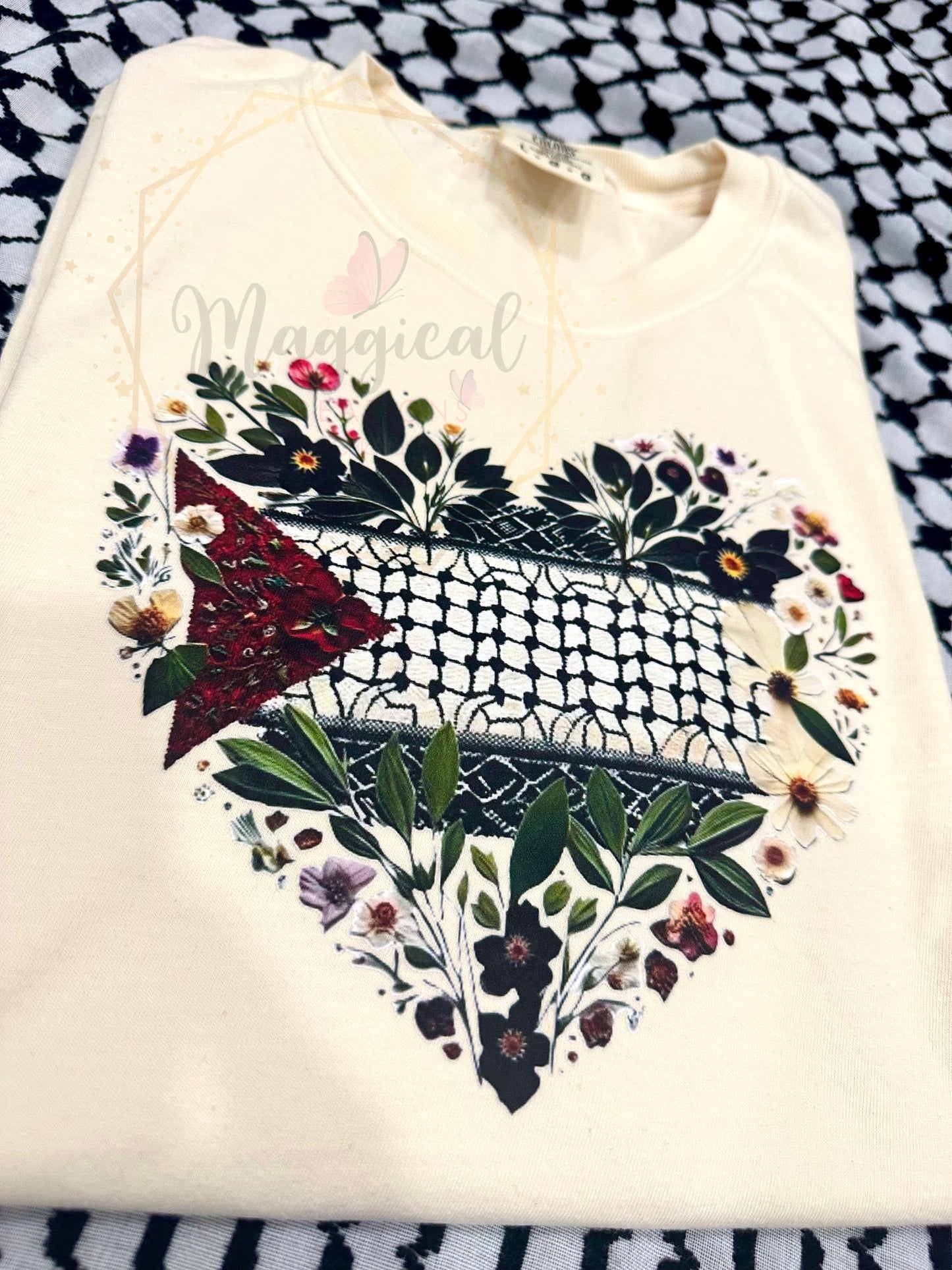 Floral Palestine Heart Crewneck Hoodie