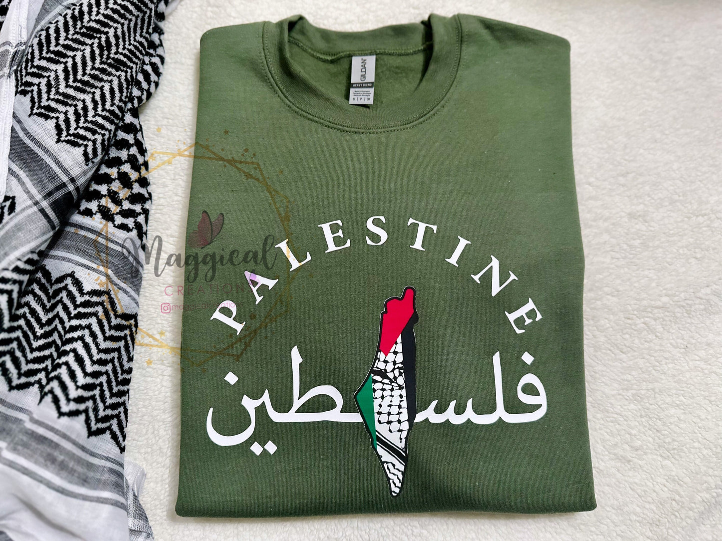 Palestine in arabic and english with map Crewneck Sweatshirt
