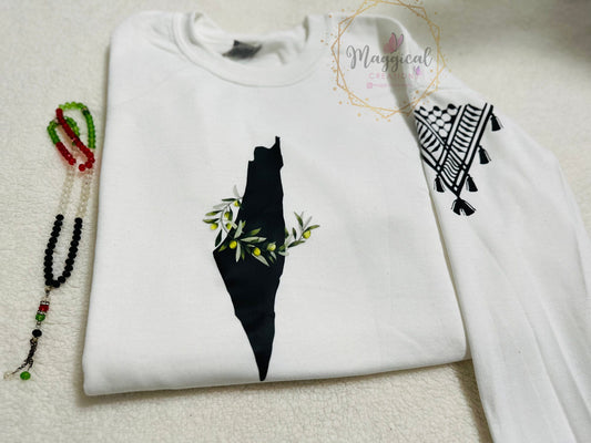 Palestine Map Wrapped in Olive Branch Crewneck Sweatshirt