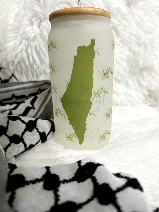 PALESTINE Olive Map Frosted Glass Cup With Bamboo Lids and Straws, Personalized Iced Coffee Cups, Office Coffee Cup