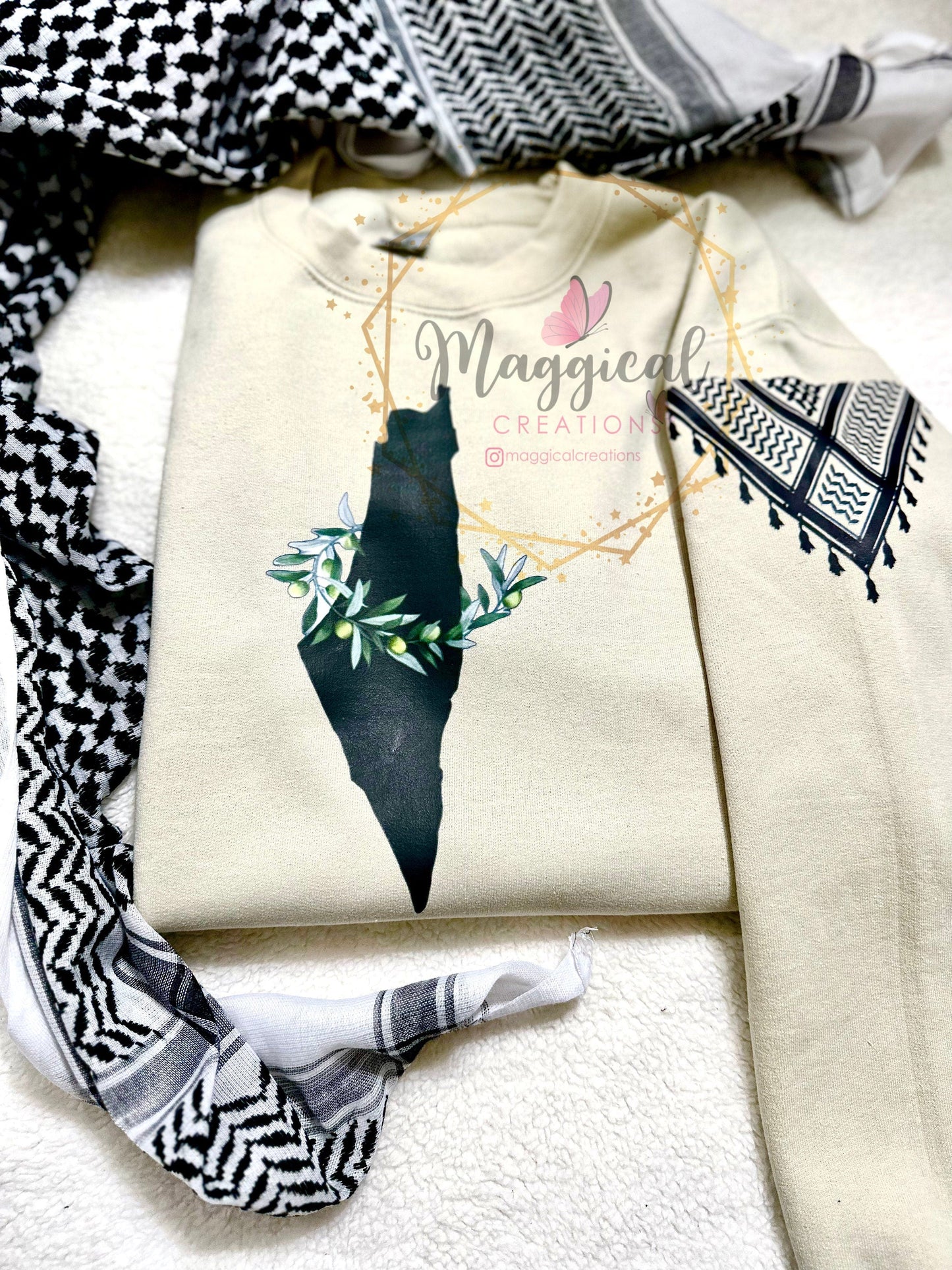 Palestine Map Wrapped in Olive Branch Crewneck Sweatshirt