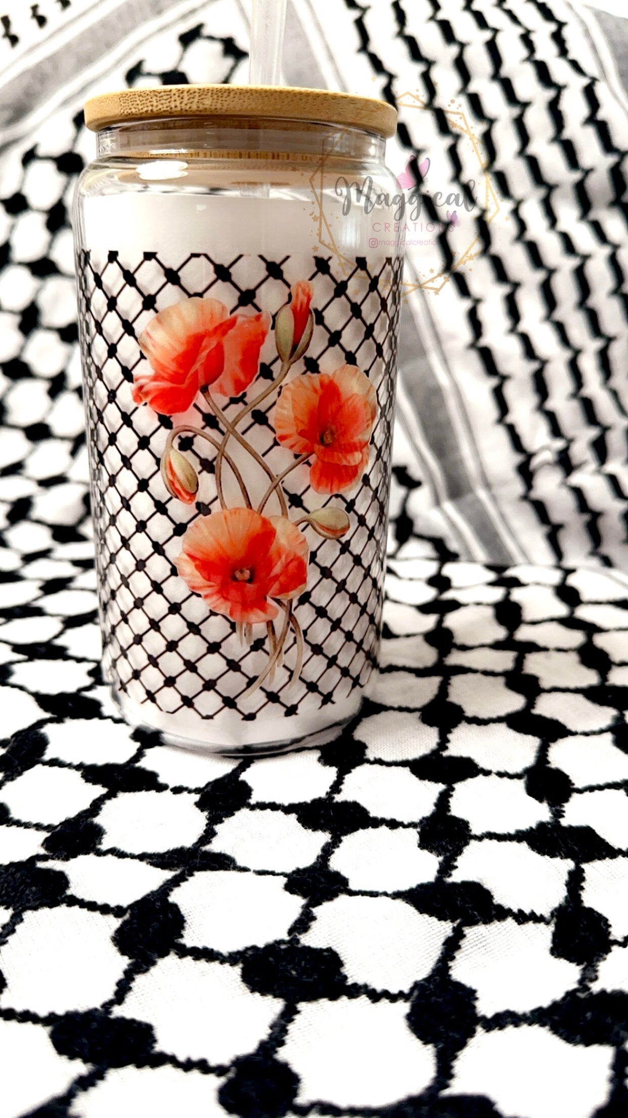 Palestine Kuffiyah/ Poppy Flower Libby Cup With Bamboo Lids and Straws, Personalized Iced Coffee Cups, Office Coffee Cup