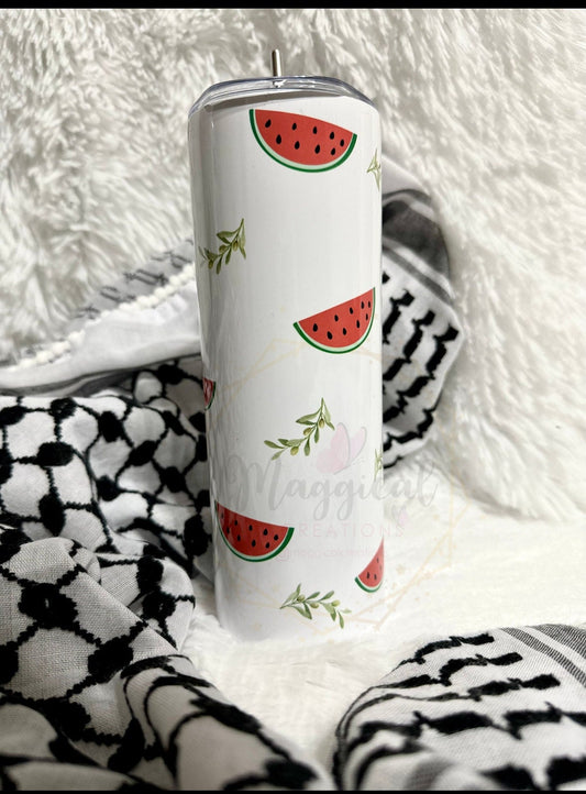 Free Palestine Watermelon/ Olive Branch Skinny Tumbler with Straw, 20oz