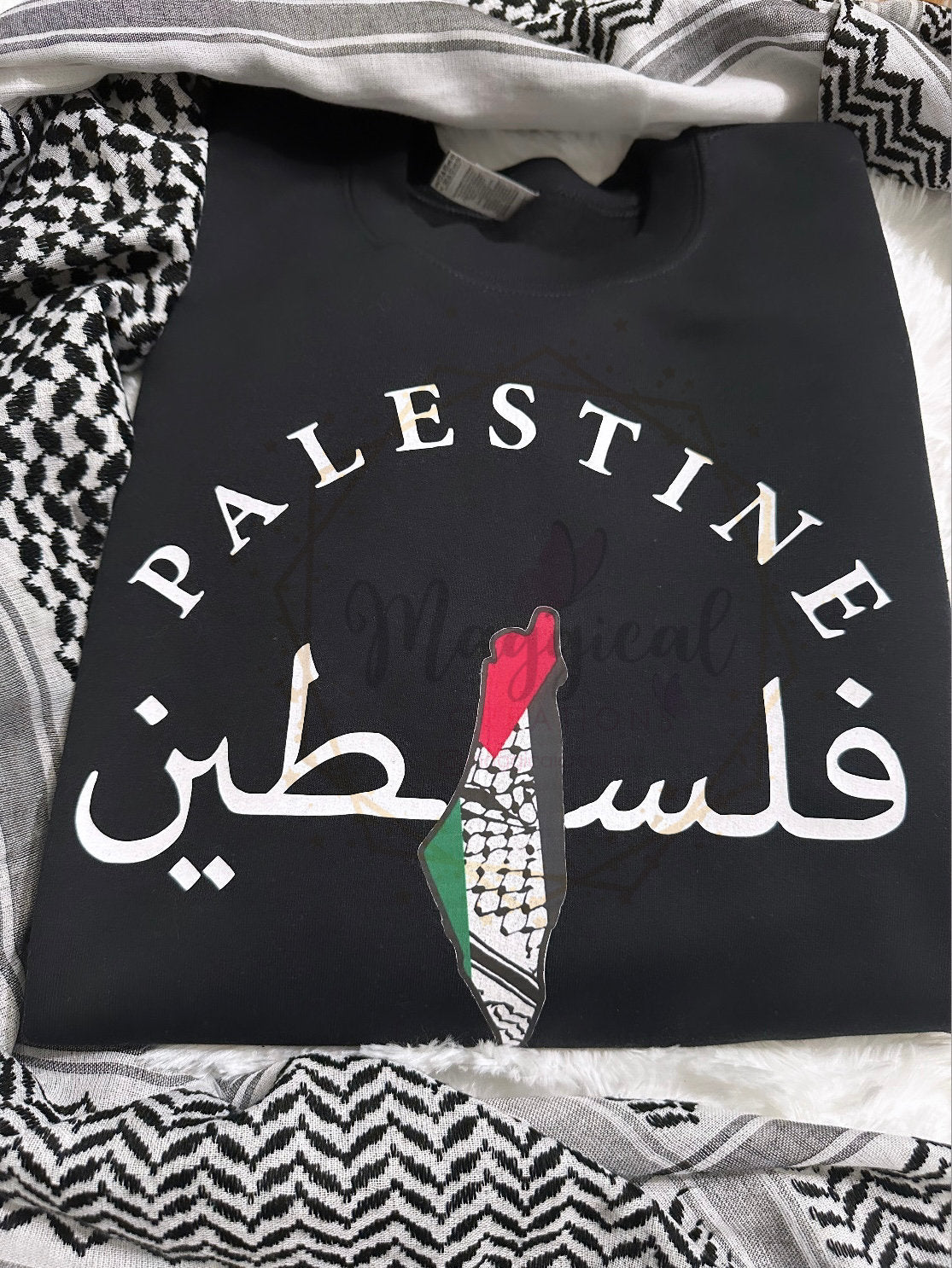 Palestine in arabic and english with map Crewneck Sweatshirt