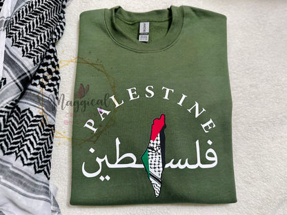 Palestine in arabic and english with map Crewneck Sweatshirt