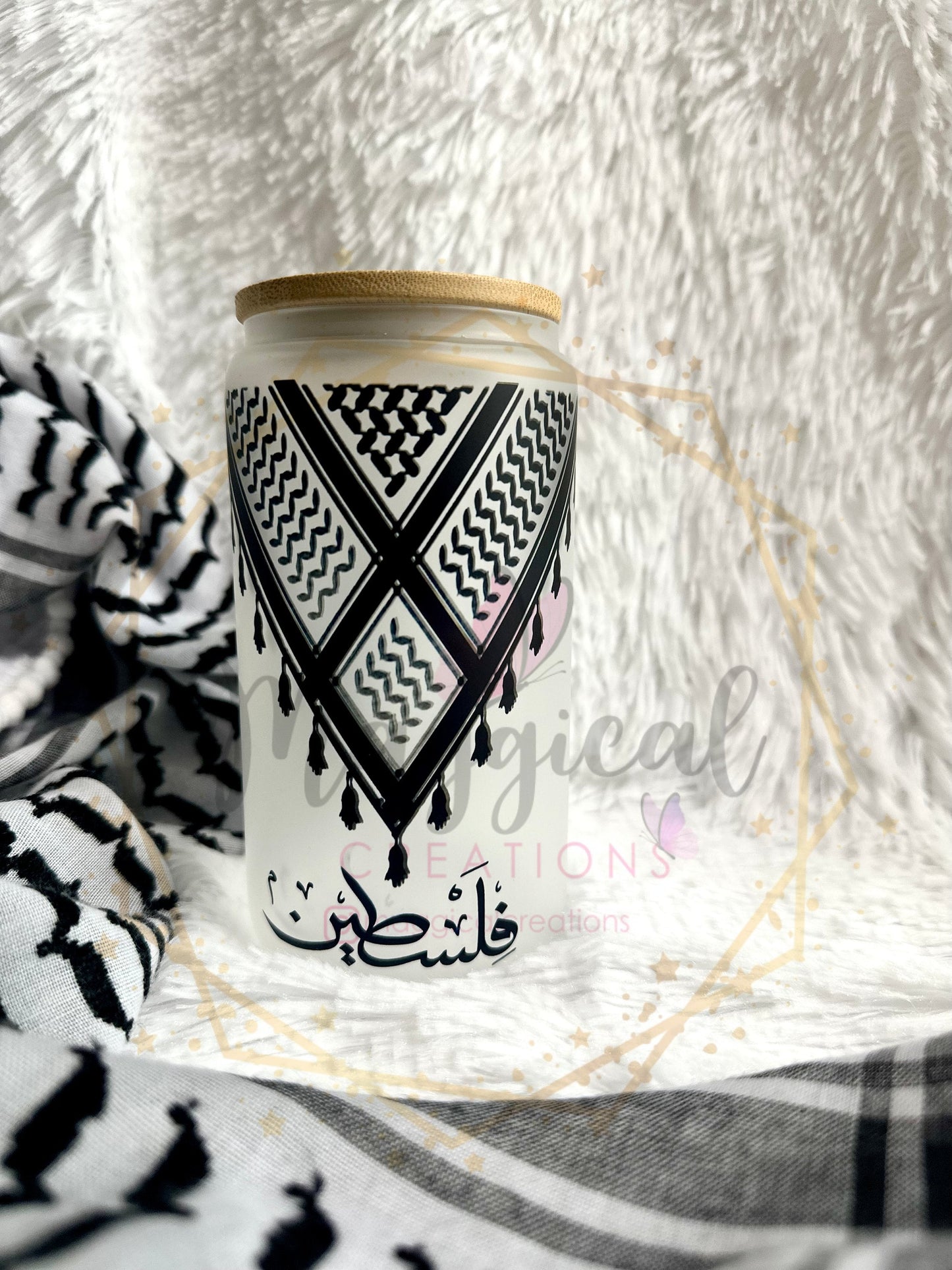 PALESTINE Kuffiyah Glass Cup With Bamboo Lids and Straws, Personalized Iced Coffee Cups, Office Coffee Cup