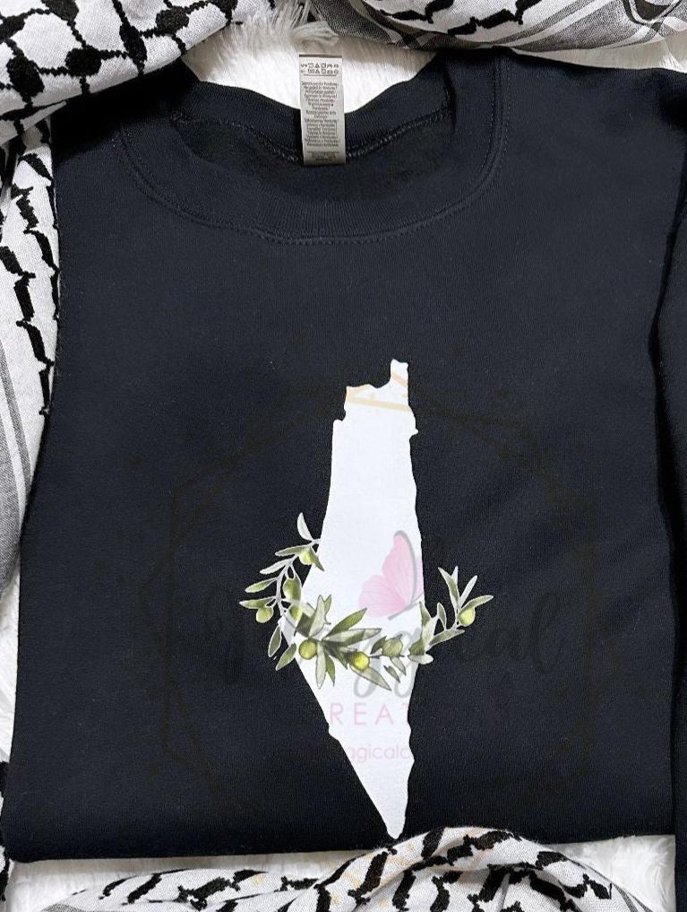 Palestine Map Wrapped in Olive Branch Crewneck Sweatshirt