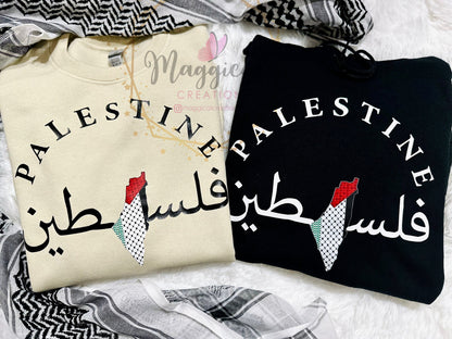 Palestine in arabic and english with map Crewneck Sweatshirt