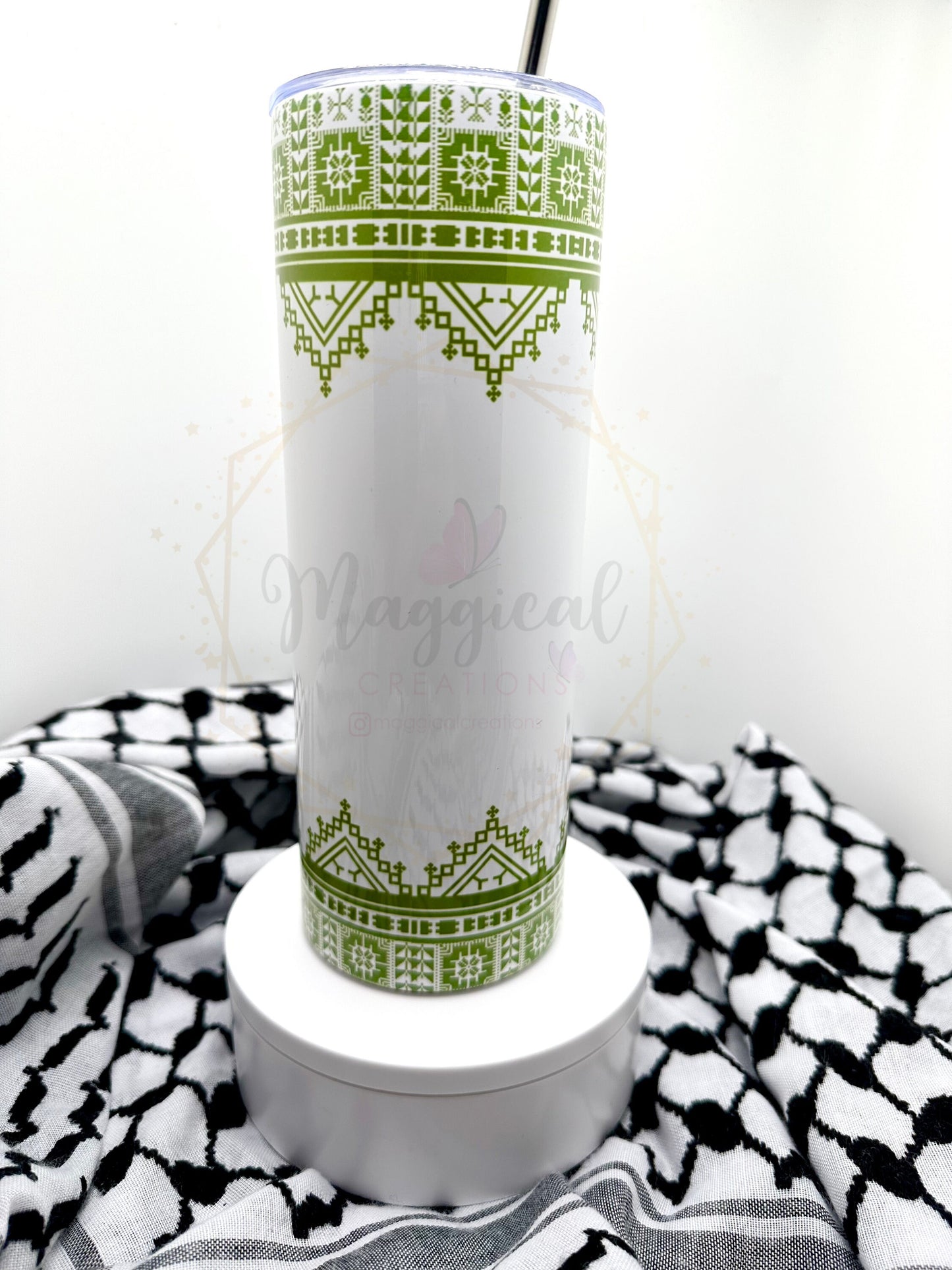 Palestine Tatreez Skinny Tumbler with Straw, 20oz