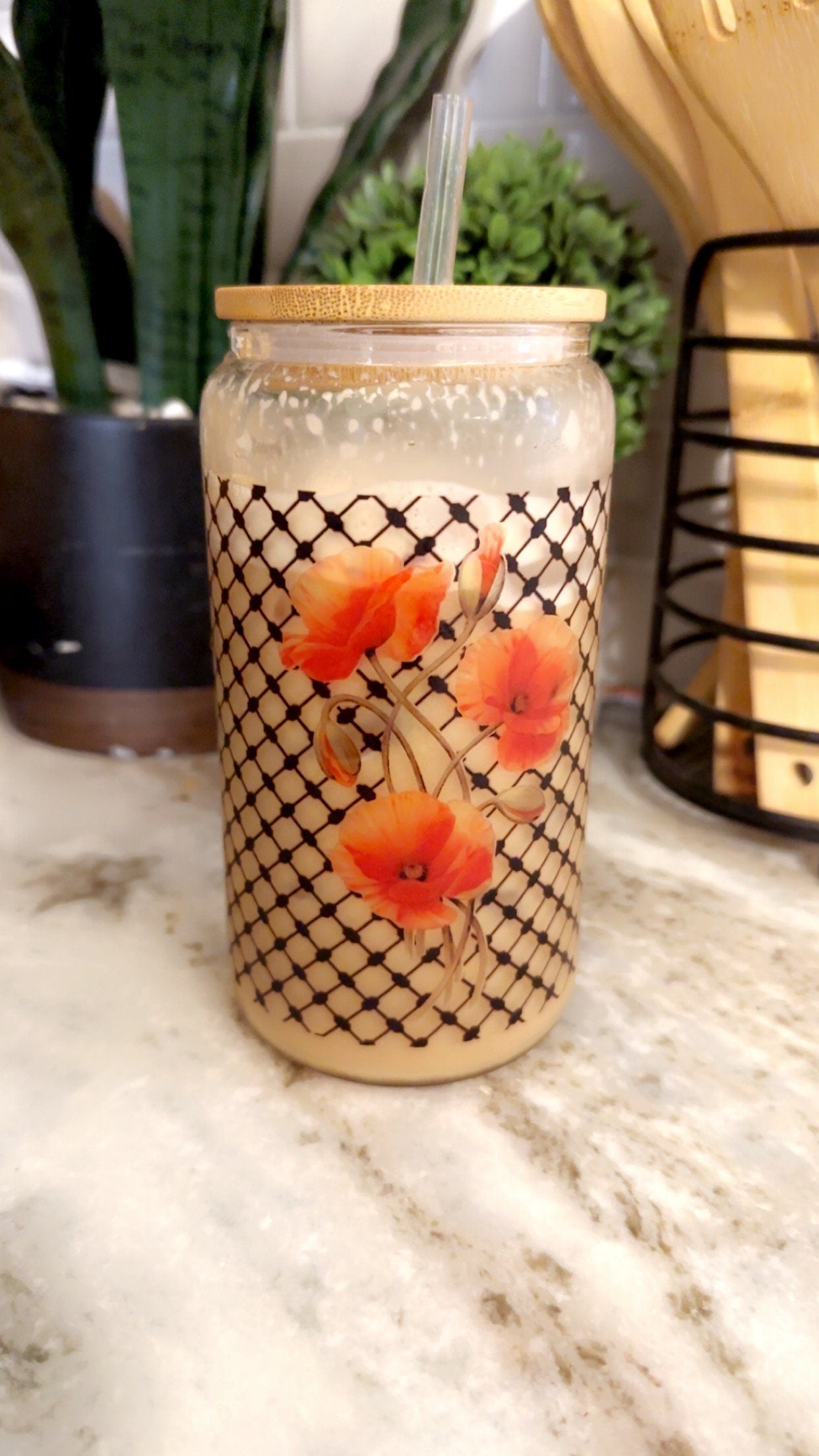 Palestine Kuffiyah/ Poppy Flower Libby Cup With Bamboo Lids and Straws, Personalized Iced Coffee Cups, Office Coffee Cup